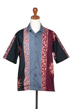 Men's cotton batik shirt, 'Sunshine in Ubud' - Men's Short-Sleeved Batik Cotton Button Shirt from Bali