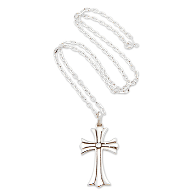 Sterling silver pendant necklace, 'Cross of Vitality' - Polished Sterling Silver Cross Pendant Necklace from Bali