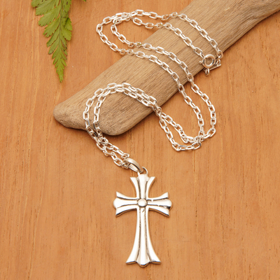 Sterling silver pendant necklace, 'Cross of Vitality' - Polished Sterling Silver Cross Pendant Necklace from Bali