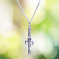 Sterling silver pendant necklace, 'Underworld Sword' - Skull-Themed Sterling Silver Pendant Necklace from Bali