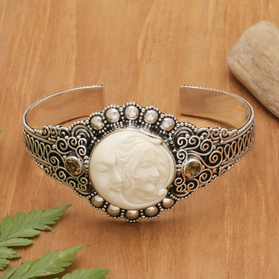 Citrine cuff bracelet, 'Lovely Moon' - Sterling Silver Citrine Woman and Moon Cuff Bracelet