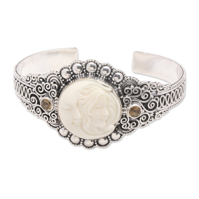 Citrine cuff bracelet, 'Lovely Moon' - Sterling Silver Citrine Woman and Moon Cuff Bracelet