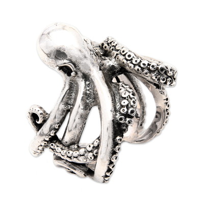 Sterling silver cocktail ring, 'Giant Octopus' - Polished Octopus-Shaped Sterling Silver Cocktail Ring
