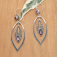 Amethyst dangle earrings, 'Wise Caresses' - Classic Sterling Silver and Amethyst Dangle Earrings