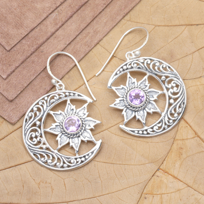 Amethyst dangle earrings, 'Purple Cycle' - Traditional Moon and Floral-Themed Amethyst Dangle Earrings