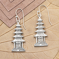 Sterling silver dangle earrings, 'My Temple' - Polished Balinese Temple Sterling Silver Dangle Earrings