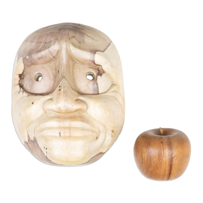 Wood mask, 'Sad Grandpa' - Hand-Carved Inspirational Hibiscus Wood Aged Man Mask