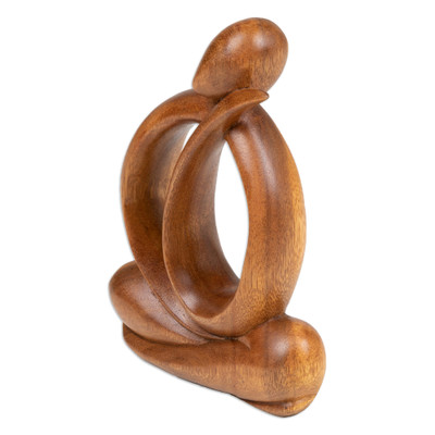 Wood sculpture, 'Daydreaming of Myself' - Modern Hand-Carved Suar Wood Sculpture of Abstract Person