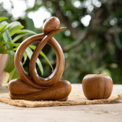 Wood sculpture, 'Daydreaming of Myself' - Modern Hand-Carved Suar Wood Sculpture of Abstract Person