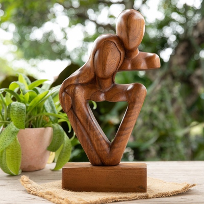 Wood sculpture, 'Sweet Couple' - Modern Hand-Carved Suar Wood Sculpture of Abstract Couple