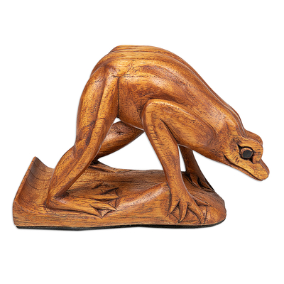 Wood phone stand, 'Looking for Some Food' - Jempinis Wood Frog Phone Stand Hand-Carved in Bali