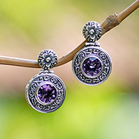 Amethyst dangle earrings, 'Gong of Wisdom' - Classic Gong-Shaped Three-Carat Amethyst Dangle Earrings
