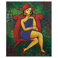 „Faithfully Waiting“ – signiertes expressionistisches Acrylgemälde einer Frau auf einem Sessel