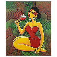 „Ein Glas traditioneller Gewürze“ – Expressionistisches Acrylgemälde von Frau und Jamu-Getränk