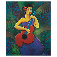 'Expresión musical del corazón' - Pintura acrílica expresionista firmada de mujer y guitarra