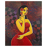 'Super Women' - Pintura acrílica expresionista firmada de una mujer vestida de rojo