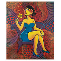 „Frau und Blume“ – signiertes expressionistisches Acrylgemälde von Frau und Blumen