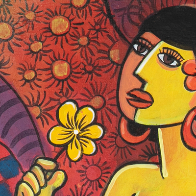 'Mujer y flor' - Pintura acrílica expresionista firmada de mujer y flores