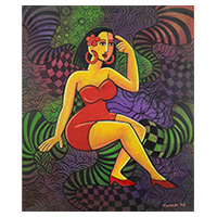 „Denken“ – signiertes expressionistisches, lebendiges Acrylgemälde einer Frau
