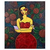 'Writing of My Life' - Pintura de retrato de mujer acrílica floral expresionista firmada