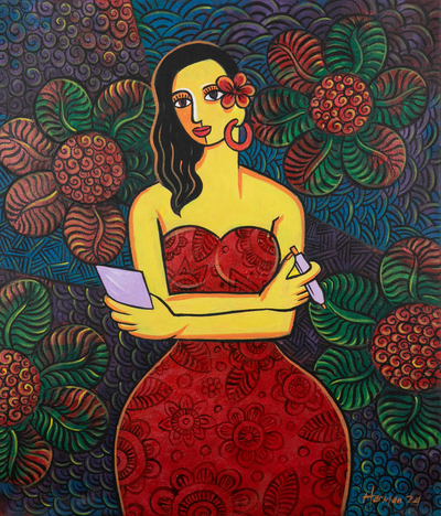 'Writing of My Life' - Signed Expressionist Floral Acrylic Woman Portrait Painting