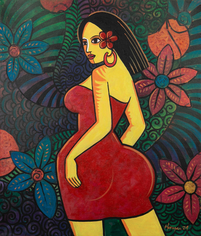'Self Introspection' - Pintura de retrato acrílico floral expresionista de mujer
