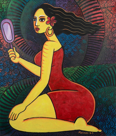 'Reflection My Self' - Expressionist Acrylic Painting of Woman and Mirror