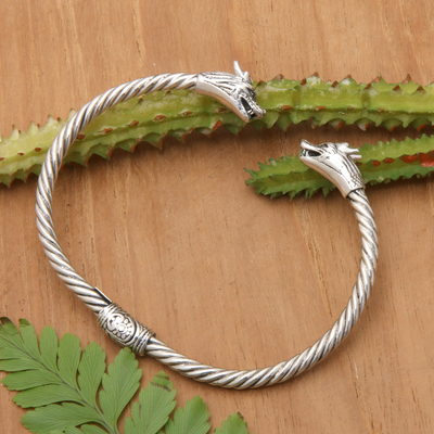 Sterling silver cuff bracelet, 'Legendary Flair' - Dragon-Themed Traditional Sterling Silver Cuff Bracelet
