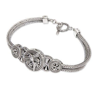 Sterling silver pendant bracelet, 'Dragonfly Medal' - Classic Dragonfly-Themed Sterling Silver Pendant Bracelet