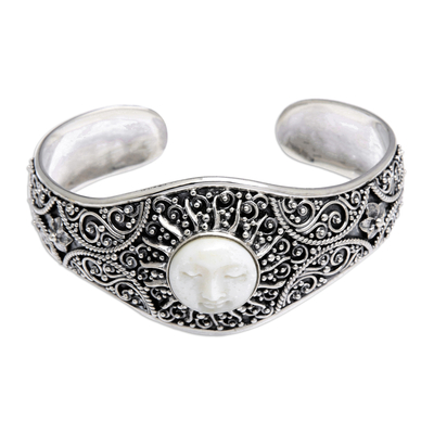 Sterling silver cuff bracelet, 'Blooming Sun' - Sterling Silver Cuff Bracelet with Hand-Carved Sun Motif