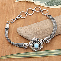 Larimar pendant bracelet, 'Flower of Eternity' - Larimar Sterling Silver Floral-Themed Pendant Bracelet
