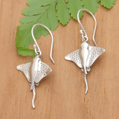 Sterling silver dangle earrings, 'Swimming Stingray' - Polished Stingray-Shaped Sterling Silver Dangle Earrings