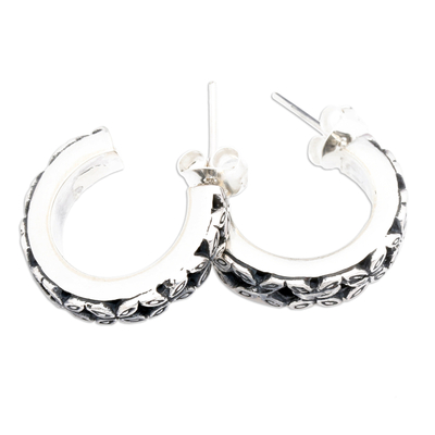 Sterling silver half-hoop earrings, 'Clover Nimbus' - Classic Clover-Themed Sterling Silver Half-Hoop Earrings