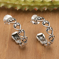 Sterling silver half-hoop earrings, 'Journey of Love' - Romantic Heart-Shaped Sterling Silver Half-Hoop Earrings