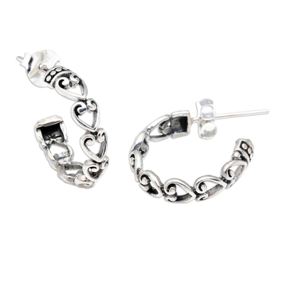 Sterling silver half-hoop earrings, 'Journey of Love' - Romantic Heart-Shaped Sterling Silver Half-Hoop Earrings