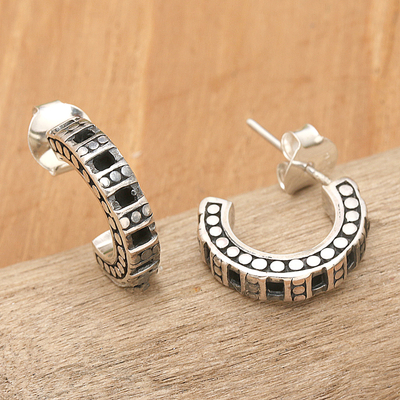 Sterling silver half-hoop earrings, 'Island Wheel' - Oxidized and Polished Sterling Silver Half-Hoop Earrings