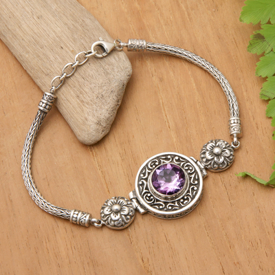 Amethyst pendant bracelet, 'Gong of Wisdom' - Classic Gong-Themed One-Carat Amethyst Pendant Bracelet