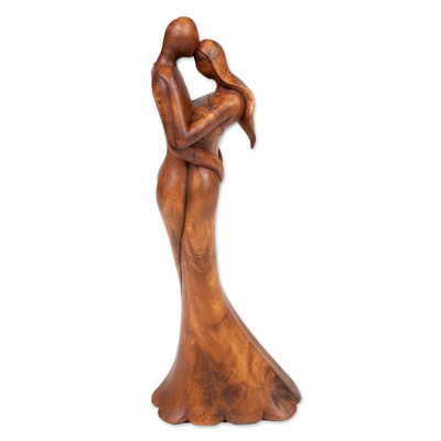 Wood sculpture, 'Promised Passion' - Romantic Semi-Abstract Hand-Carved Suar Wood Sculpture