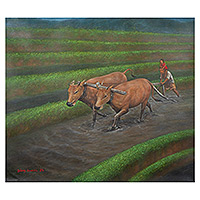 'Plowing Rice Field' (2023) - Nature-Inspired Impressionist Acrylic Rice Field Painting