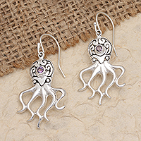 Amethyst dangle earrings, 'Ocean Octopus in Purple' - Sterling Silver Octopus Dangle Earrings with Amethyst Stones