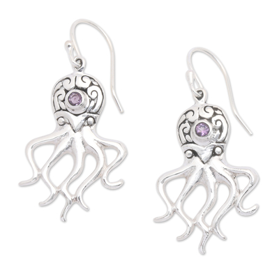 Amethyst dangle earrings, 'Ocean Octopus in Purple' - Sterling Silver Octopus Dangle Earrings with Amethyst Stones