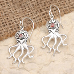 Garnet dangle earrings, 'Ocean Octopus in Red' - Sterling Silver Octopus Dangle Earrings with Garnet Stones