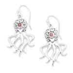 Garnet dangle earrings, 'Ocean Octopus in Red' - Sterling Silver Octopus Dangle Earrings with Garnet Stones
