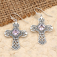 Amethyst dangle earrings, 'Cross of Heaven in Purple' - Sterling Silver Cross Dangle Earrings with Amethyst Stones