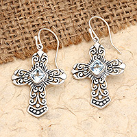 Blue topaz dangle earrings, 'Cross of Heaven' - Blue Topaz Sterling Silver Cross Dangle Earrings from Bali