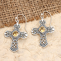 Citrine dangle earrings, 'Cross of Heaven in Yellow' - Sterling Silver Cross Dangle Earrings with Citrine Stones