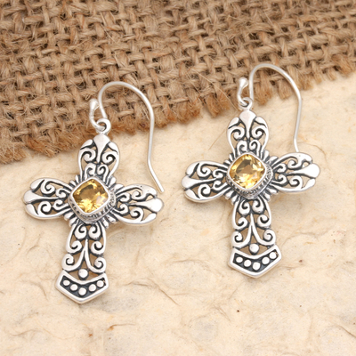 Citrin-Ohrhänger, „Himmelskreuz in Gelb“ – Kreuz-Ohrhänger aus Sterlingsilber mit Citrinsteinen