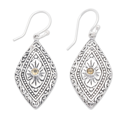 Citrine dangle earrings, 'Kite Festival in Yellow' - Geometric Floral Silver Dangle Earrings with Citrine Stones