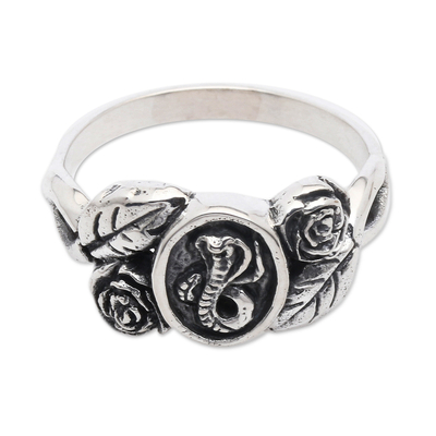Men's sterling silver cocktail ring, 'Emperor Snake' - Men's Floral Snake-Themed Sterling Silver Cocktail Ring
