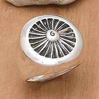 Men's sterling silver signet ring, 'Ocean centre' - Men's Ocean-Themed Polished and Oxidized Signet Ring
